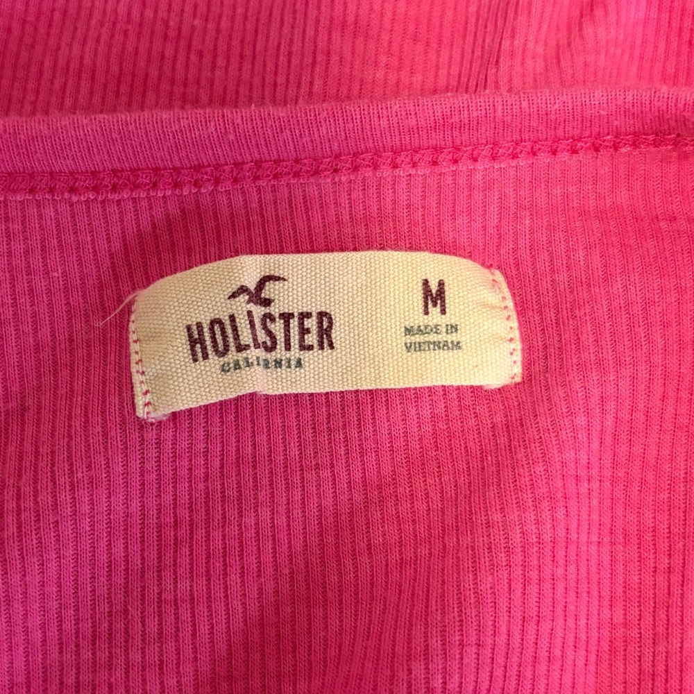 Hollister Henley Top Size M Pink Long Sleeve Ribbed Crochet AppliCuff Trim Y2K - Picture 7 of 9